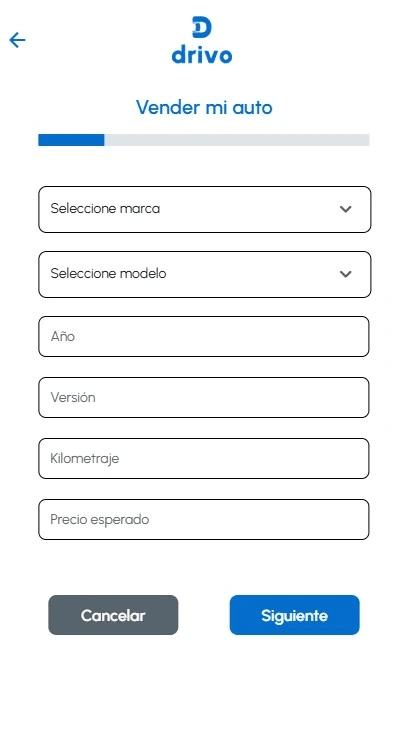 Pantalla de la aplicación Drivo mostrando detalles y precios de un auto